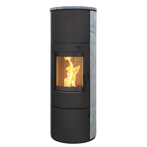 Kaminofen München XL Stahl schwarz Speckstein 7kw Speicherofen mit Steinverkleidung...