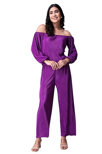 Image of POPWINGS Casual Wrinkle Full Sleeves Off-Shoulder Top and Palazzo Co-ord Set for Women || Co-Ords Set for Women Stylish Western || Top and Palazzos Set for Women|| 2 Piece Set for Women