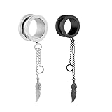 BWDHJLEY Juego de 2 túneles de acero inoxidable para orejas, color plateado, negro, redondo, con cadena y colgante de hoja, para hombres y mujeres, 1 inch(25mm), Acero inoxidable, No es una piedra
