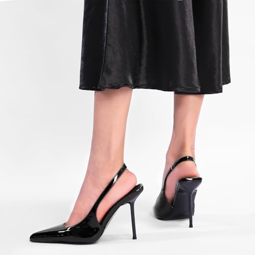 Women's Slingback Stiletto High Heels Pointed Toe Slip On Pumps Shoes Patent Leather Stretch Strap Backless Dress Heels3