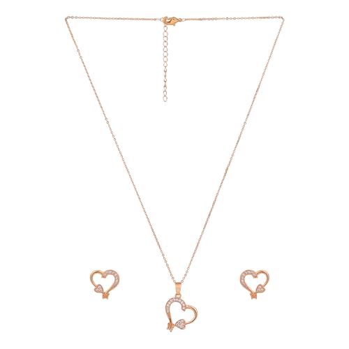 Image of Nilu's Collection American Diamond Rose Gold & Silver Plated Love Shaped Pendant Necklace Set with Chain & Stud Earring for Girls and Women