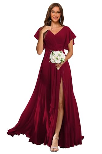 RSOETOO Women's Flutter Sleeves Bridesmaid Dresses 2025 with Slit Chiffon V Neck Formal Party Dress RO291