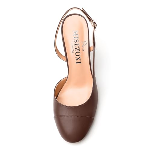 Slingback Heels for Women，Round Toe Chunky Heeled Pumps Ankle Strap Fashion Splicing Dress Shoes3