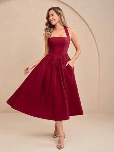 Image of Parthea Women's Floral Halter Corset Midi Dress 2026 Elegant Smocked Flowy Wedding Guest Dresses with Pockets