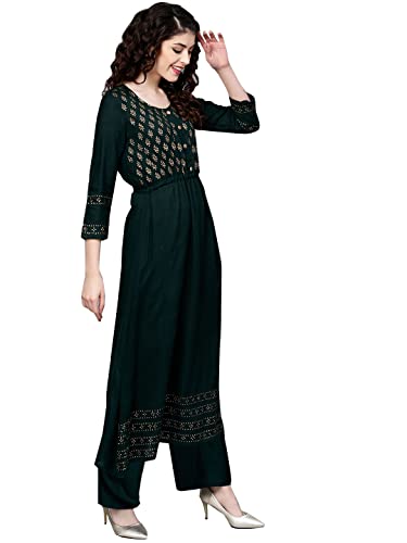 Image of ishin Women's Rayon Green Printed Anarkali Kurta