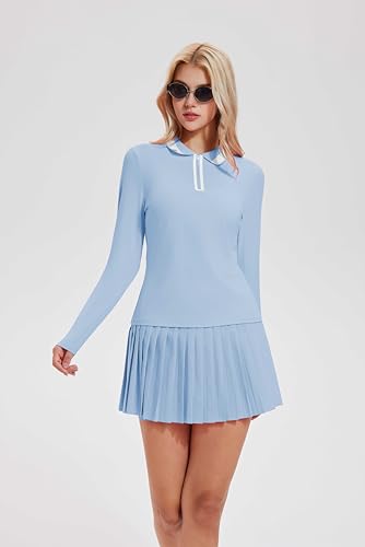 Image of Tennis Skirt Sets for Women Zipper Color Block High Waisted Golf Polo Two Piece Skirt Set Women 2 Piece Outfits