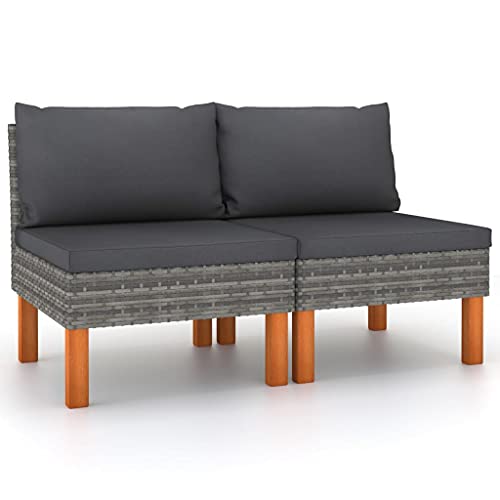Middle Sofas 2 pcs Poly Rattan Outdoor Patio Couch with Solid Eucalyptus Wood Legs and Removable Cushions for Patio Sectional Balcony Furniture Relaxation