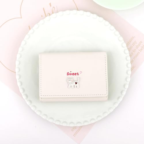 Cute Cat Tri-Folded Wallet Cute PU Leather Aesthetic Wallet Fashion Purse with Cash Pocket Card Slot Holder ID Window for Ladies and Women Beige4