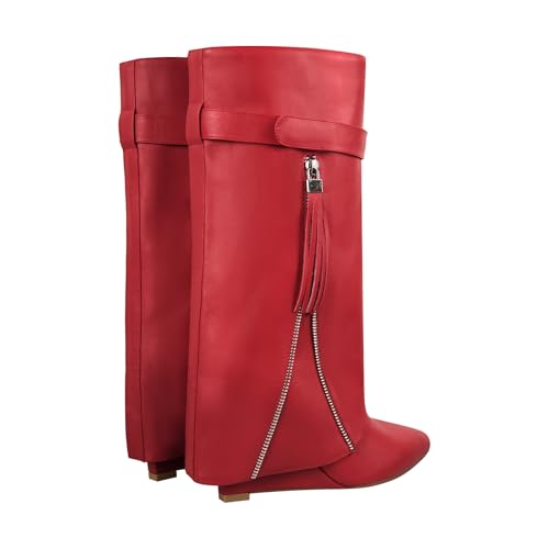 LISHAN Women's Knee High Fold over Wedge Heel Long Shark Boots Pull on Shoes4