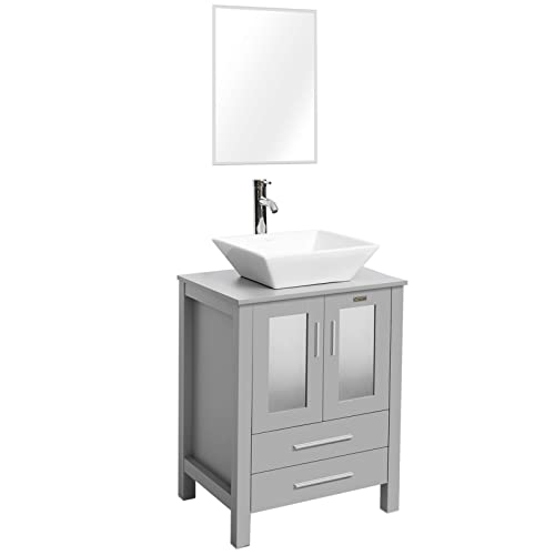 Luckwind 24 Inch Bathroom Vanity Square White Vessel Sink Combo,Grey Bathroom Wooden Cabinet With Ceramic Basin，Silver Chrome Faucet & Pop Up Drain, Mirror #TOP7