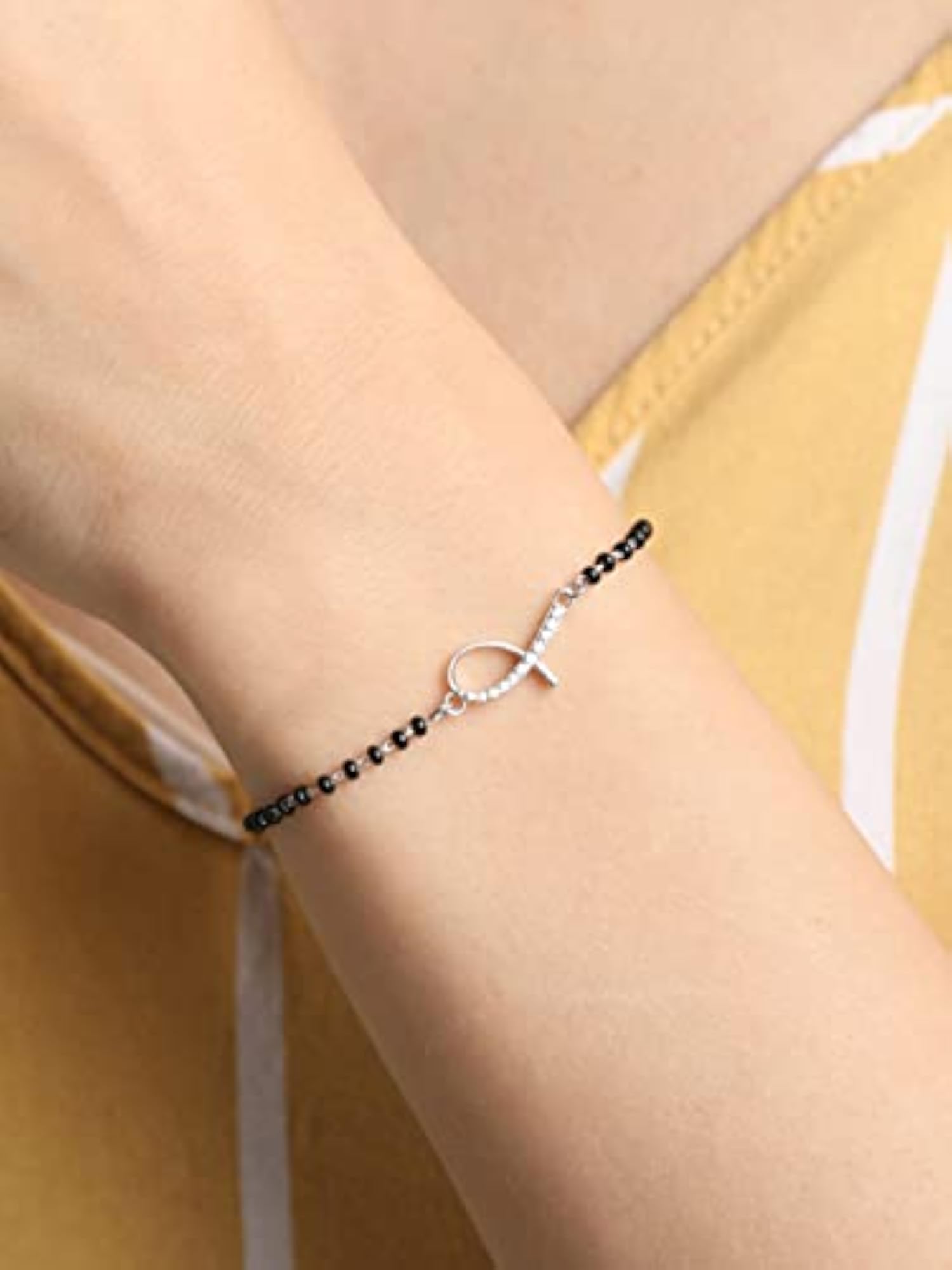 925 Silver Lia Hand Mangalsutra Bracelet with Black Beads