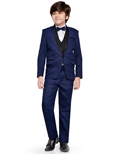 Image of Boys Navy Blue Coat Suit Set with Waistcoat Shirt and Trousers (9082B)