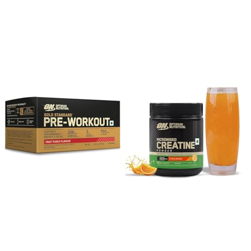 Image of Optimum Nutrition Pre Workout Fruit Punch 15 single serve + Optimum Nutrition Monohydrate Creatine Powder - 100 Gram, 26 Serves, Citrus Orange
