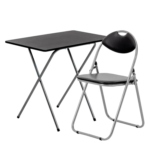 Harbour Housewares Wooden Folding Desk & Chair Set - Silver/Black Small Portable Home Office Wooden...