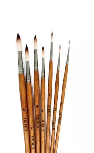 Image of Round Artist Paint Brush Set, Synthetic Hair, Wooden Handle, Sizes 0-12, Set of 7, for Watercolour, Acrylic, Gouache and Oil