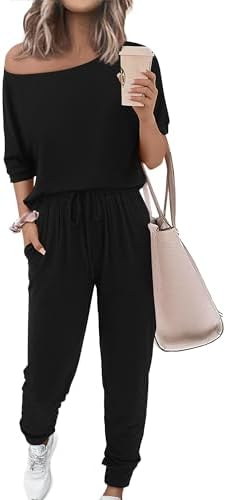 Zenlonr Women Summer 2 Piece Outfits 2025 Off Shoulder Short Sleeve Tops Elastic Waist Drawstring Long Pants Tracksuit