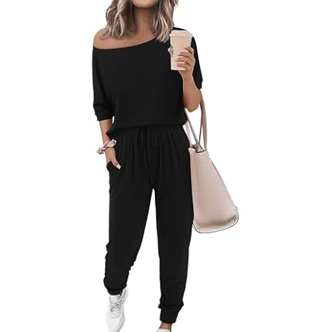 Zenlonr Women Summer 2 Piece Outfits 2025 Off Shoulder Short Sleeve Tops Elastic Waist Drawstring Long Pants Tracksuit(Black,Small) Cover
