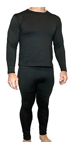 Men's Ultra-Soft Microfiber Tagless Fleece Lined Thermal Top & Bottom Performance Ski Underwear Set (Black, Small)