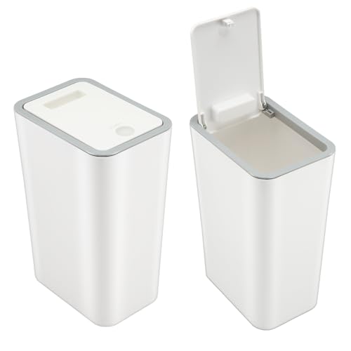 JIVIMOCO 2 cubos de baño delgados de 10 litros con tapa, cubo de cocina con botón, cubos de plástico para dormitorio, a prueba de perros, cubo de basura estrecho con tapa, inodoro con tapa táctil