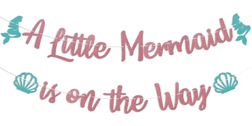 Image of A Little Mermaid is on the Way Banner - Mermaid Baby Shower Party Decorations, Under the Sea Themed Newborn Baby Welcome Party/Gender Reveal Party Decorations Rose Gold Glitter