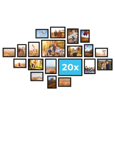 PHOTOLINI Schwarze Bilderrahmen Set verschiedene Größen Bilderwand Collage 20 Rahmen Bilderrahmen-Set Schwarz Holz MDF Aufstellen & Aufhängen Acrylglas photo frames for wall 10x15 13x18 & 21x30