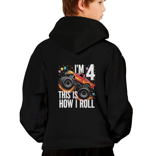Vintage 4 Year Old Shirt 4th Birthday Boy Monster Truck Car Hoodies for Teen Girls Boys Kangaroo Pocket Sweatshirt2