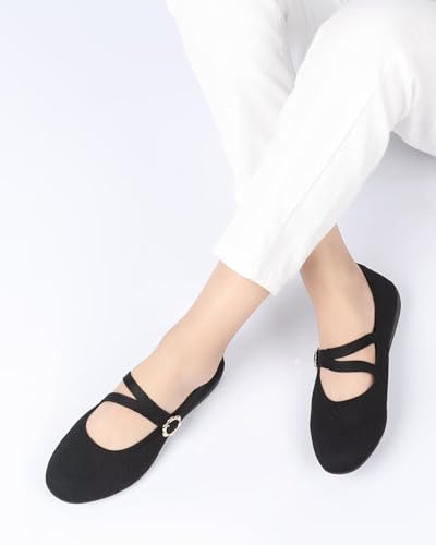 Image of Women's Flats Mary Jane Ballet Flats Comfortable Knit Casual Ballerina Walking Dressy Office Slip-on Shoes with Adjustable Straps