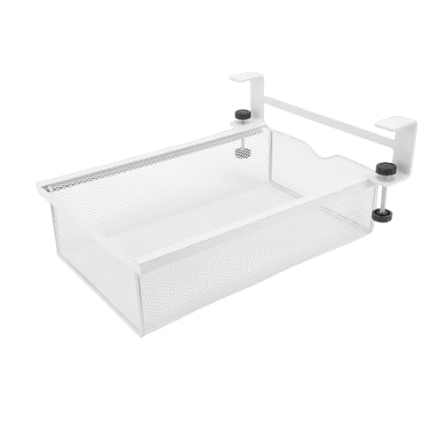 Cajón bajo escritorio metálico sin taladro para almacenaje bajo mesa, estante bandeja cesta para hogar y oficina, blanco, pequeño sin rejilla para escritorios miniatura 5