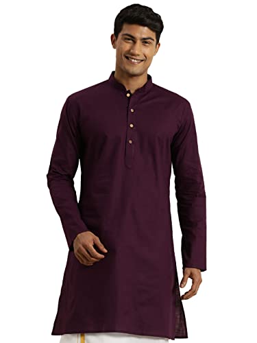 Image of VASTRAMAY Men Cotton Linen Solid Kurta | Cool & Breathable Ethnic Wear with Mandarin Collar for Eid, Holi & Festive Occasions