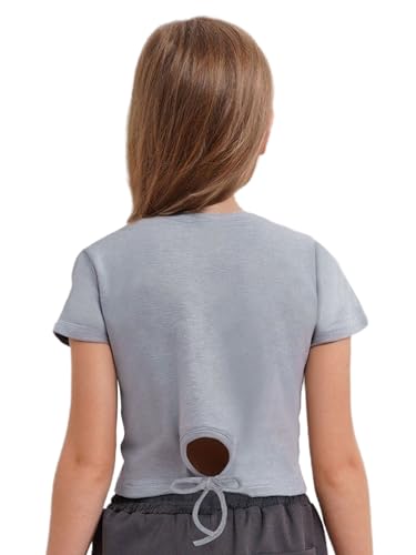 Linjinx Kids Girls Round Neck Bowknot Printed Tee Crop Tops Summer Casual Short Sleeve Lace-Up Cutout Back T Shirt2