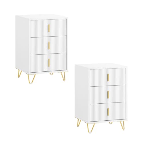 SoBuy Lot de 2 Table de Chevet - Table de Nuit avec 3 tiroirs, Table d'appoint pour Chambre à Coucher - Meuble de Rangement Moderne, Blanc L40 x P40 x H63 cm...