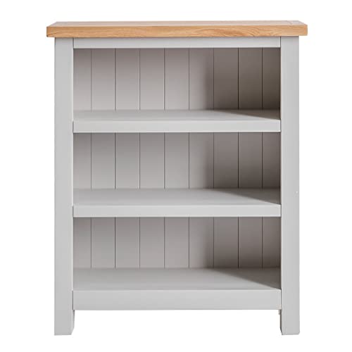 Farro Small Living Room Grey Bookcase for Small Spaces | Roseland Furniture Contemporary Low Painted Pine Solid Wooden Childrens Bookshelf with 3 Shelves with Oak Top for Bedroom or Hallway - Image 3