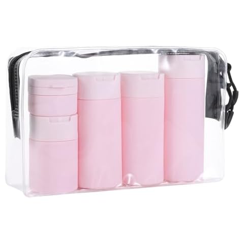 5 Pack Travel Makeup Bottles Set with Spoon & Label, Refillable Empty Containers for Toiletries Shampoo, 50/80/100ml Leakproof Squeezable Lotion Bottles with 15ml Cream Jar & Clear Toiletry Bag Cover
