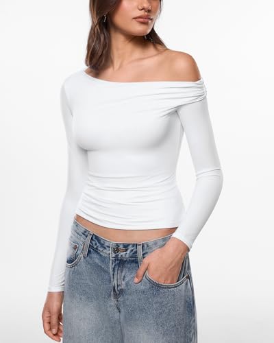 Image of INLYRIC Women's Inbarely Seasons Off The Shoulder Double Lined Long Sleeve Tops Going Out Slim Fitted Sexy T-Shirts