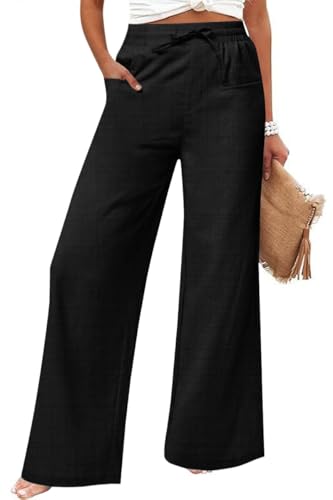 Women's Casual Linen Wide Leg Pants with Pockets Boho Palazzo High Waisted Drawstring Lounge Trousers