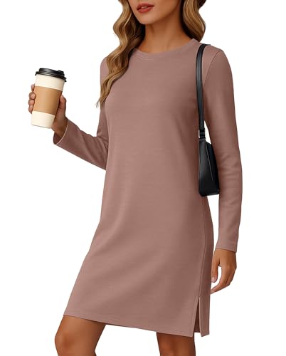 Womens Dresses Long Sleeve Casual Cozy Tunic Dress Vacation Fall Clothes 2025 Work Fall Outfits with Pockets Taupe Small