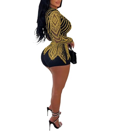 Image of Jigfar Women Sexy Embellished Rhinestone Bodycon Jumpsuit Mesh See Through Patchwork Birthday Party Night Out Clubwear