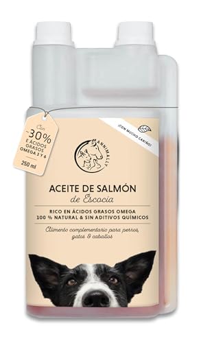 Annimally Aceite de salmón para perros 1 litro rico en ácidos grasos Omega 3 y 6 (más del 32%) - Aceite de pescado Barf para perro, gato y caballo, adecuado I Producto natural puro prensado en frío de