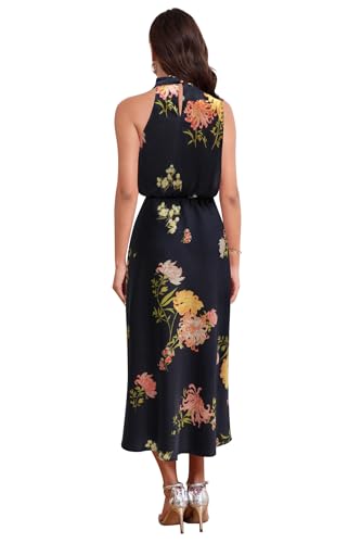 Image of Women's Satin Maxi Dress Summer Formal Wedding Guest Cocktail Dress | Mock Neck Sleeveless,Elegant Silk Midi Long Dress,High Neck,Halter,Aline,Bridesmaid,Bridal Shower Guest,Garden Party,Dinner