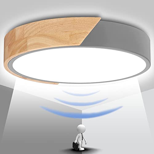 LED Plafón e madera con Sensor de Movimiento 6500K Blanco Frío Redondo Lampara de Techo con Detector Luz de Techo Moderno Plafones para pasillo balcón salón cocina Dormitorio Garaje, Gris (Ceniza)