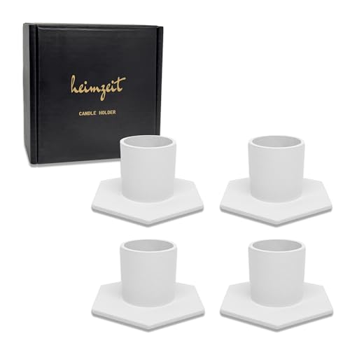 heimzeit Portacandele in Metallo per Candele a Stelo Ø22 mm e Candele da Tavolo [4 Pezzi, Esagonale], Colore: Bianco, Design Elegante, Candelabro per una Raffinata Decorazione Della Stanza