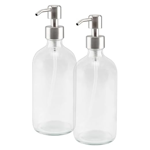 Cornucopia Brands 16-Ounce Clear Glass Boston Round Bottles w/Stainless Steel Pumps (2 Pack), Soap Dispenser Great for Essential Oils, Lotions, Liquid Soaps