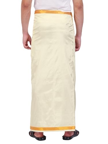 Image of PRAKASAM COTTON Double Layer 8 Mulam Velcro Pocket Dhoti for men | Mundu with Golden Jari Border, Readymade Dhoti for men, Silk Look, South Indian Veshti