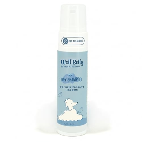 Wolf Belly - Champú en Seco en Espuma para Perros y Gatos (200 ml) | Limpia sin Agua, Elimina Suciedad y Olores | Sin Aclarado | con Aloe Vera y Glicerina | Uso Rápido y Diario - Hecho en España