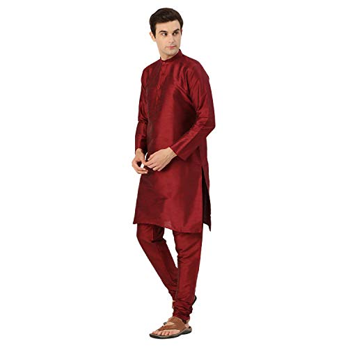 Image of SOJANYA (Since 1958 Men's Cotton Linen Maroon Kurta and White Pyjama with Mustard Cotton Nehru Jacket