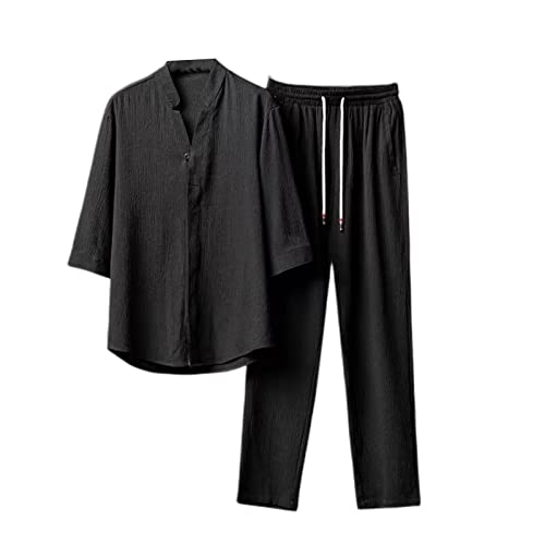 Mens 2 Pieces Linen Set Summer Outfits Casual Beach Button Down Shirt Short Sleeve Casual Loose Yoga Pant Sets