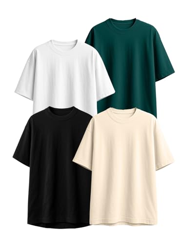 Image of Veirdo 100% Pure Cotton Oversized Loose Fit Half Sleeve Solid Core Round Neck Multicolor T-Shirt Combo for Men & Boys (Pack of 4)
