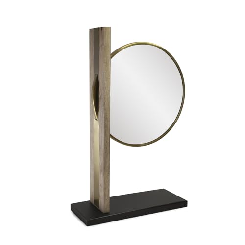 Image of Howard Elliott Collection Skoda Round Tabletop Mirror with Stand, Vanity Makeup Mirror with Brushed Brass Stainless Steel Frame and Mango Wood Base, Modern Accent Decor Mirror, Brass, 28.5 x 18 Inch