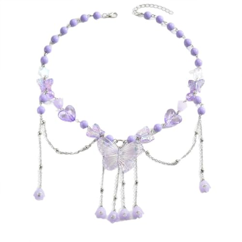 Charm Layered Butterfly Choker Necklaces for Women, Vintage Purple Butterflies Beaded Flower Pendant Tassel Chain Necklace Y2K Jewelry Fairy Aesthetic Gift4