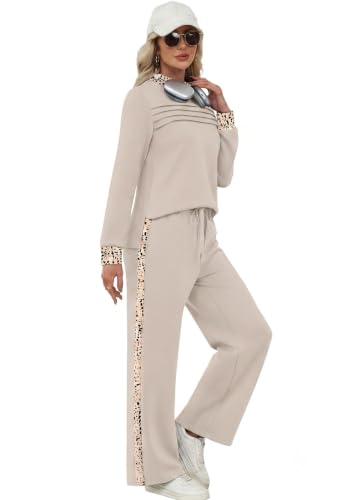 Image of WIHOLL Two Piece Sets for Women Fall Travel Vacation Outfits 2026 Long Sleeve Lounge Sets Side Slit Wide Leg Pants XS-3XL